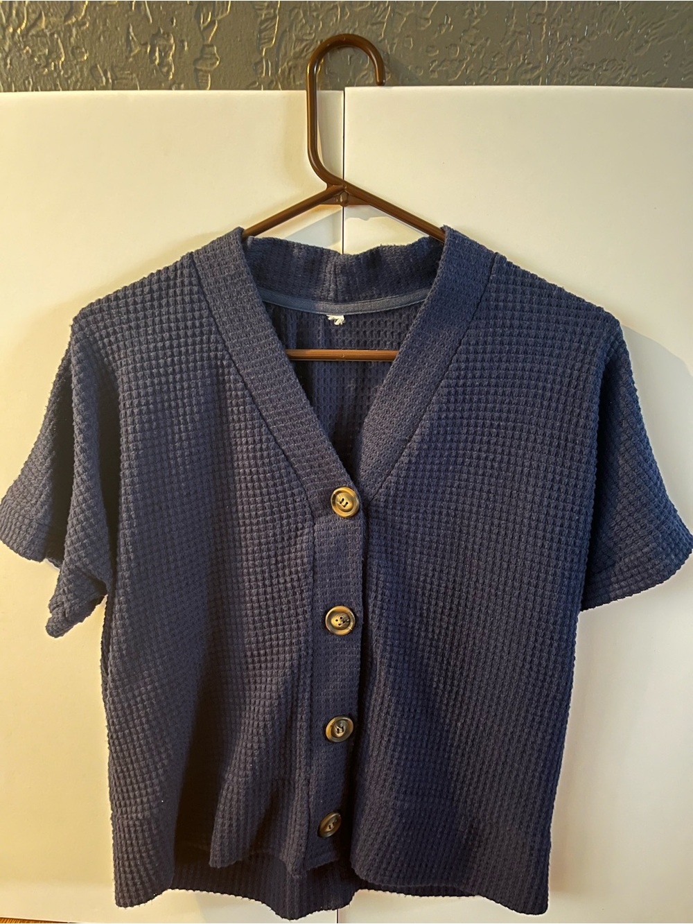 Navy Textured Button-Front Short Sleeve Cardigan